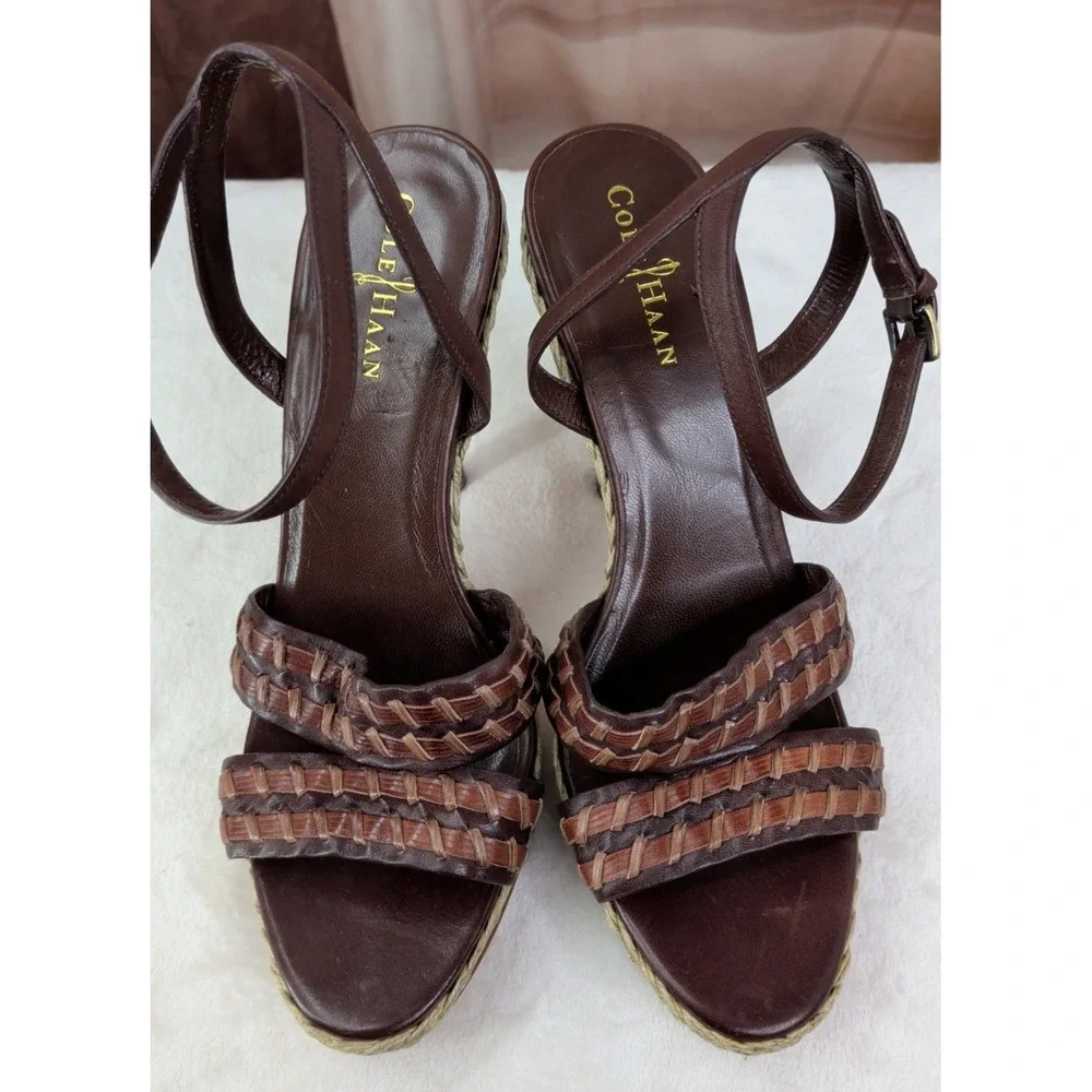 Cole Haan Vanessa Brown Woven Leather Platform Stiletto Heeled Sandals